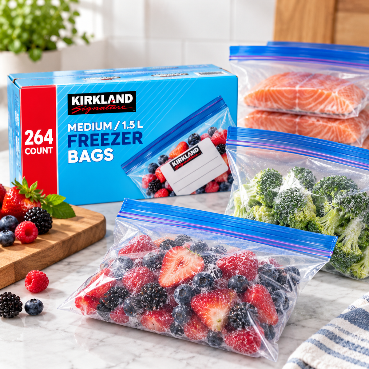Kirkland Signature Medium Freezer Bags, 264 Count, 1.5 L, Double Zipper Seal, BPA-Free