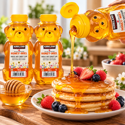 Kirkland Signature 100% Pure Canadian Liquid Honey, 3-Pack × 750 g (2.25 kg Total), Unpasteurized Canada No. 1 White Honey, Squeezable Honey Bear Bottles for Tea, Pancakes, Toast, Baking & Cooking