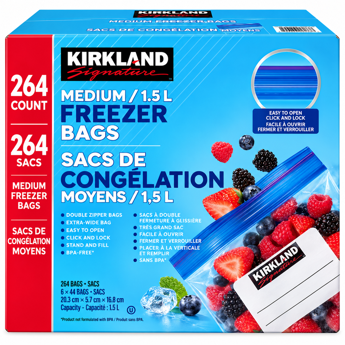 Kirkland Signature Medium Freezer Bags, 264 Count, 1.5 L, Double Zipper Seal, BPA-Free