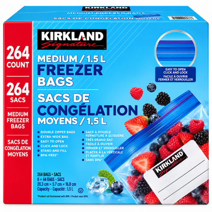Kirkland Signature Medium Freezer Bags, 264 Count, 1.5 L, Double Zipper Seal, BPA-Free
