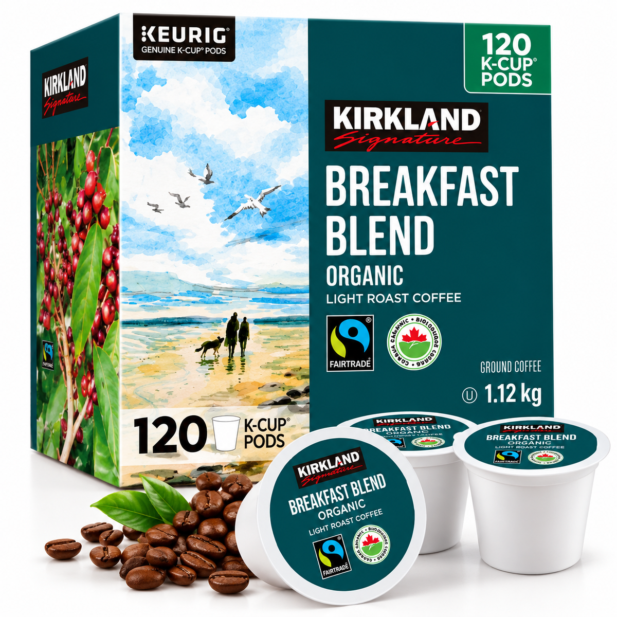 (120 Count) Kirkland Signature Organic Breakfast Blend Coffee K-Cup Pods, Light Roast, Fairtrade Certified, 100% Arabica Ground Coffee, Smooth & Balanced Single-Serve Coffee Capsules for Keurig K-Cup Brewers
