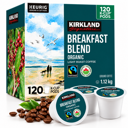 (120 Count) Kirkland Signature Organic Breakfast Blend Coffee K-Cup Pods, Light Roast, Fairtrade Certified, 100% Arabica Ground Coffee, Smooth & Balanced Single-Serve Coffee Capsules for Keurig K-Cup Brewers
