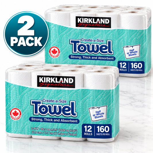 (2 Pack) Kirkland Signature 2-Ply Paper Towels, 24 Rolls, 160 Sheets Per Roll, Create-A-Size Absorbent Kitchen Paper Towels, Disposable Cleaning Rolls for Kitchen, Household & Everyday Cleaning (Copy)