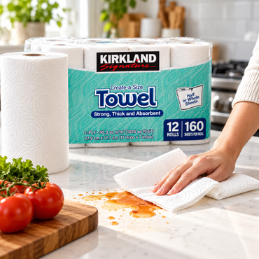 Kirkland Signature 2-Ply Paper Towels, 12 Rolls, 160 Sheets Per Roll, Create-A-Size Absorbent Kitchen Paper Towels, Disposable Cleaning Rolls for Kitchen, Household & Everyday Cleaning