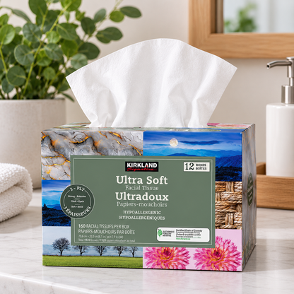 Kirkland Signature Ultra Soft Facial Tissues, 3-Ply, 160 Tissues per Box, 12-Pack