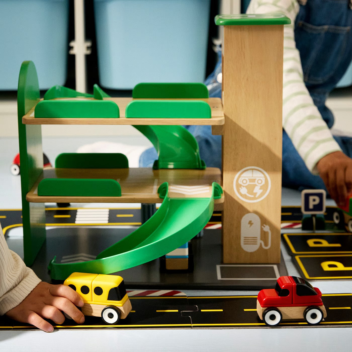 IKEA 4-Piece Wooden Vehicle Toy Set – Police Car, School Bus, Recycling Truck & Sports Car