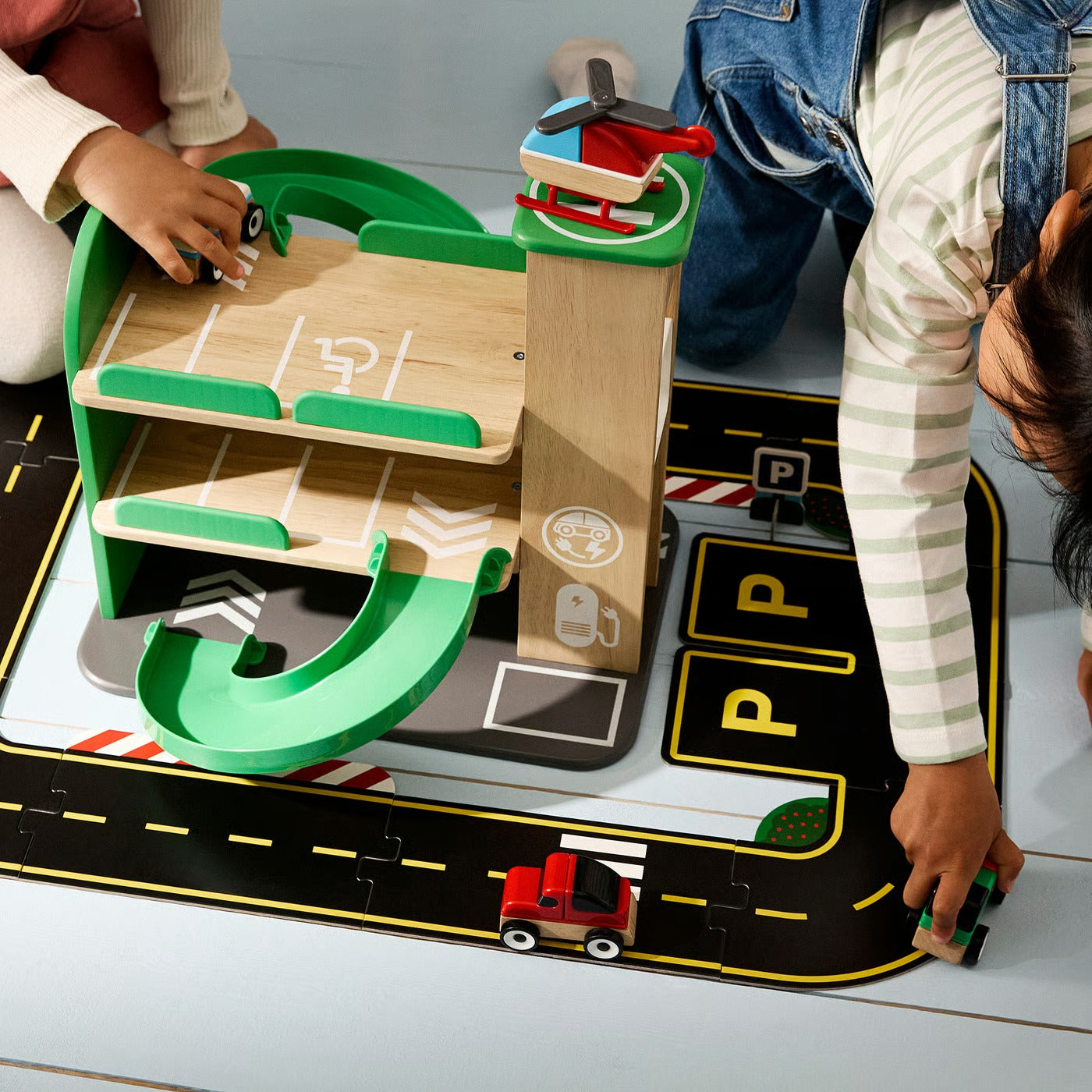 IKEA 4-Piece Wooden Vehicle Toy Set – Police Car, School Bus, Recycling Truck & Sports Car