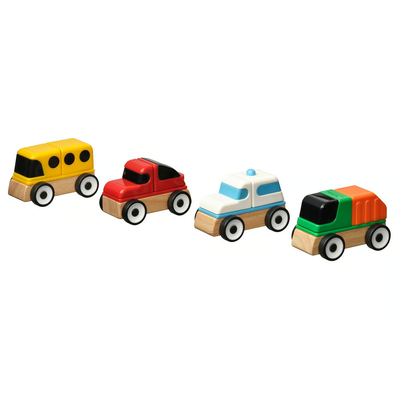 IKEA 4-Piece Wooden Vehicle Toy Set – Police Car, School Bus, Recycling Truck & Sports Car