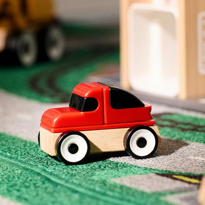 IKEA 4-Piece Wooden Vehicle Toy Set – Police Car, School Bus, Recycling Truck & Sports Car