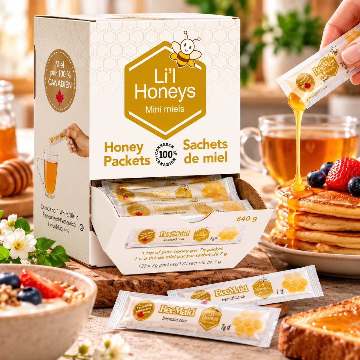 BeeMaid Li'l Honeys 100% Pure Canadian Liquid Honey Packets, 120 Count × 7 g (840 g Total), Individual Single-Serve Honey Sachets, Convenient Natural Sweetener for Tea, Coffee, Breakfast