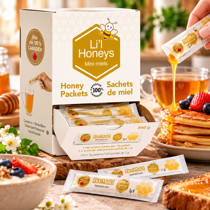 BeeMaid Li'l Honeys 100% Pure Canadian Liquid Honey Packets, 120 Count × 7 g (840 g Total), Individual Single-Serve Honey Sachets, Convenient Natural Sweetener for Tea, Coffee, Breakfast