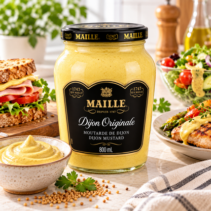 Maille Original Dijon Mustard, 800 mL (27.05 fl oz), Classic Smooth French-Style Gourmet Mustard, Rich Tangy Flavour, Traditional Mustard Condiment for Sandwiches, Burgers, Salad Dressings, Marinades, Sauces & Cooking