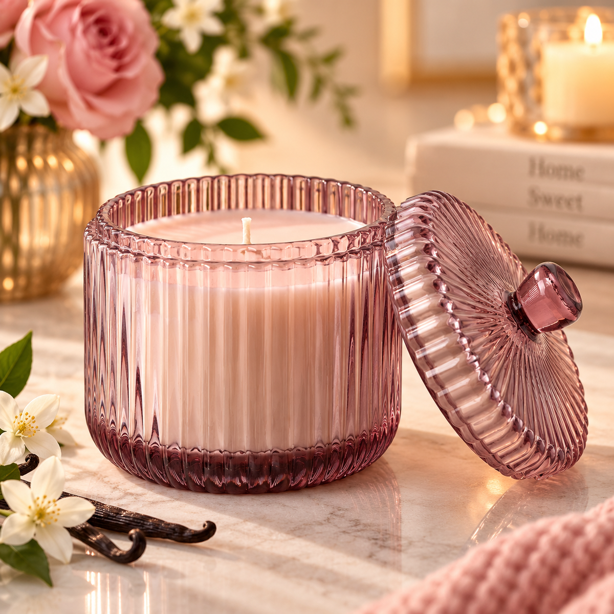 IKEA SNÖSISKA Tonka & Orange Blossom Scented Candle in Pale Pink Glass Jar with Lid, 2-Wick Decorative Candle, 20-Hour Burn Time, Reusable Container for Bedroom, Living Room & Home Décor