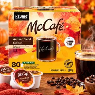 (80 Count) McCafé Autumn Blend Dark Roast Coffee K-Cup Pods, 100% Arabica Coffee, Rich Bold Flavour with Cocoa & Caramel Notes, Fairtrade Certified, Single-Serve Coffee Pods Compatible with K-Cup Brewing Systems