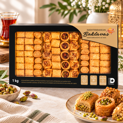 Mediterranean Baklava with Honey, 1 kg (2.2 lb), Handmade Dubai Assorted Baklava Pastries, 5 Varieties, Crispy Layered Phyllo Dessert with Pistachios & Cashews, Halal & Kosher Certified, Gourmet Middle Eastern Sweets Gift Box for Parties