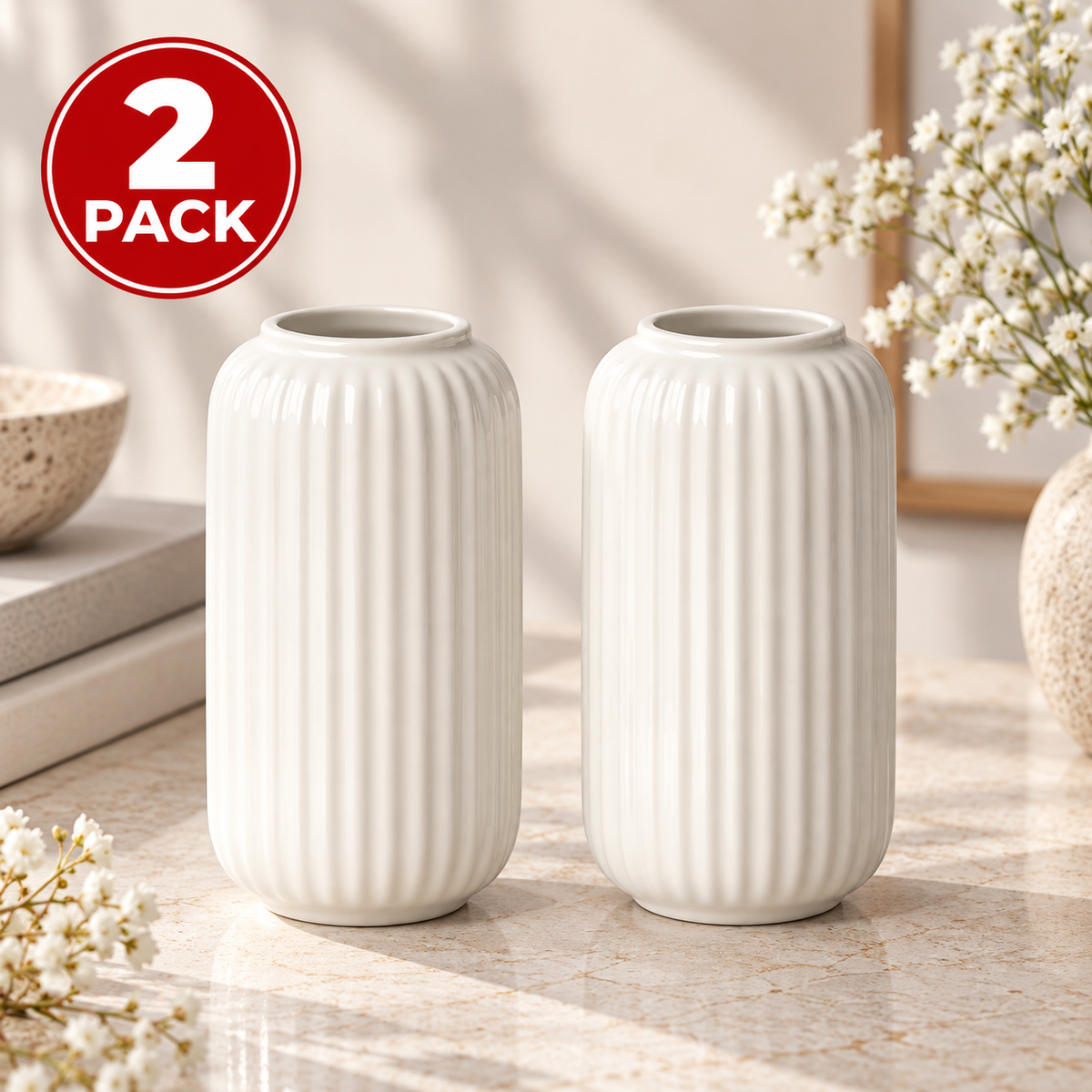 (2 Pack) IKEA STILREN White Ceramic Flower Vase, Modern Decorative Vase for Fresh & Artificial Flowers, Minimalist Tabletop Centrepiece for Living Room, Bedroom, Dining Table & Home Décor (Copy)