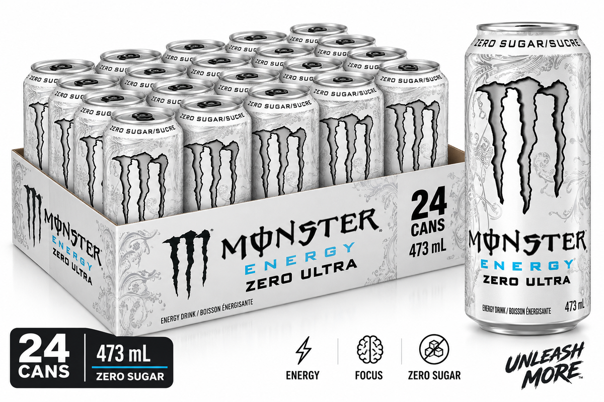 Monster Energy Ultra Zero Sugar Energy Drink, Zero Ultra Citrus Flavour, 473 mL Cans, 24 Pack, Light &amp; Refreshing Sparkling Energy Beverage