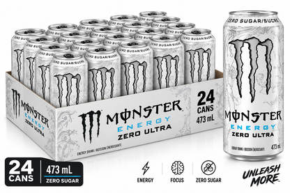 Monster Energy Ultra Zero Sugar Energy Drink, Zero Ultra Citrus Flavour, 473 mL Cans, 24 Pack, Light &amp; Refreshing Sparkling Energy Beverage