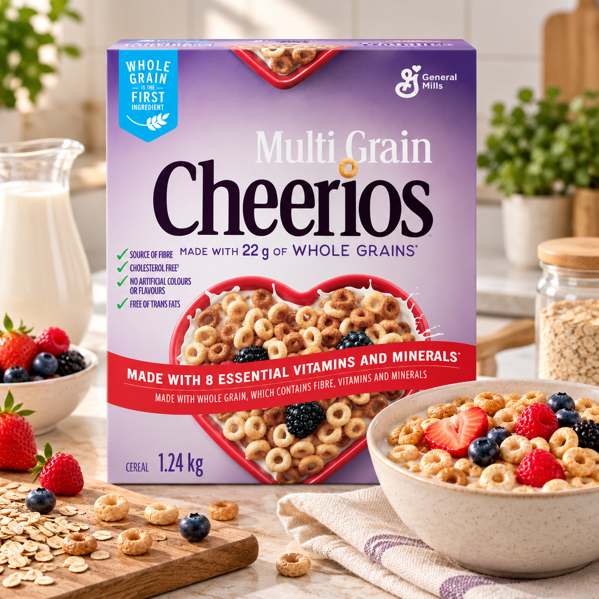 General Mills Multi-Grain Cheerios Jumbo Pack Breakfast Cereal, 1.24 kg (2.73 lb), Lightly Sweetened Whole Grain Oat, Corn & Rice Cereal, Crunchy O-Shaped Cereal, Source of Fibre, Family Size Breakfast & Snack