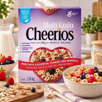 General Mills Multi-Grain Cheerios Jumbo Pack Breakfast Cereal, 1.24 kg (2.73 lb), Lightly Sweetened Whole Grain Oat, Corn & Rice Cereal, Crunchy O-Shaped Cereal, Source of Fibre, Family Size Breakfast & Snack
