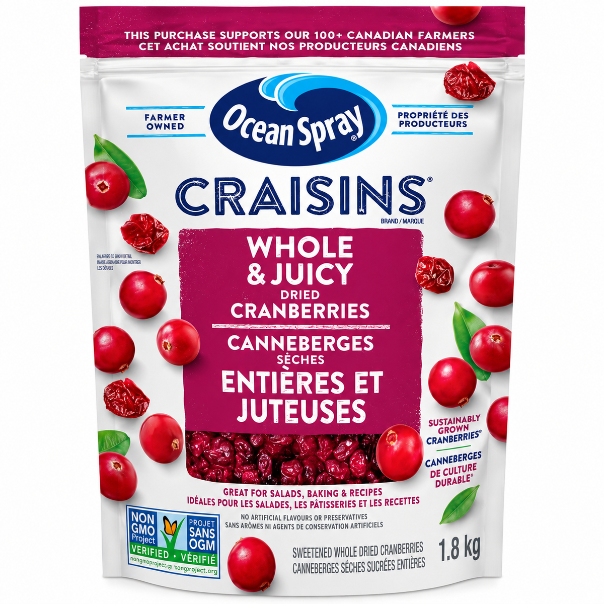 Ocean Spray Craisins Whole & Juicy Sweetened Dried Cranberries, 1.8 kg (4 lb), Gluten-Free, High-Fibre Fruit Snack for Baking, Salads & Everyday Snacking
