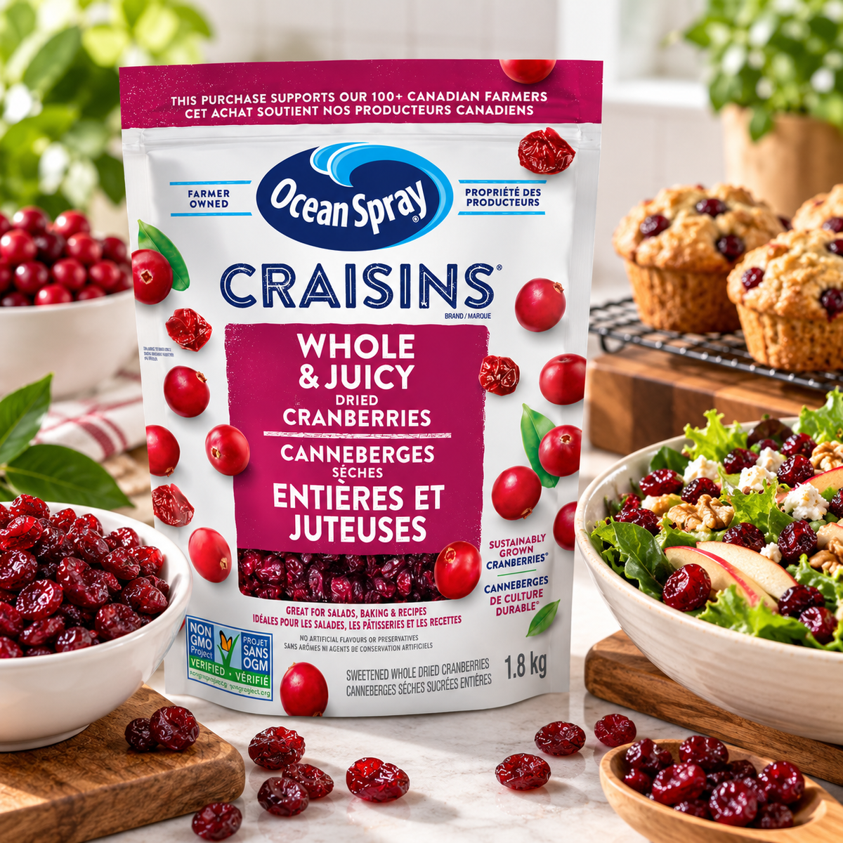 Ocean Spray Craisins Whole & Juicy Sweetened Dried Cranberries, 1.8 kg (4 lb), Gluten-Free, High-Fibre Fruit Snack for Baking, Salads & Everyday Snacking