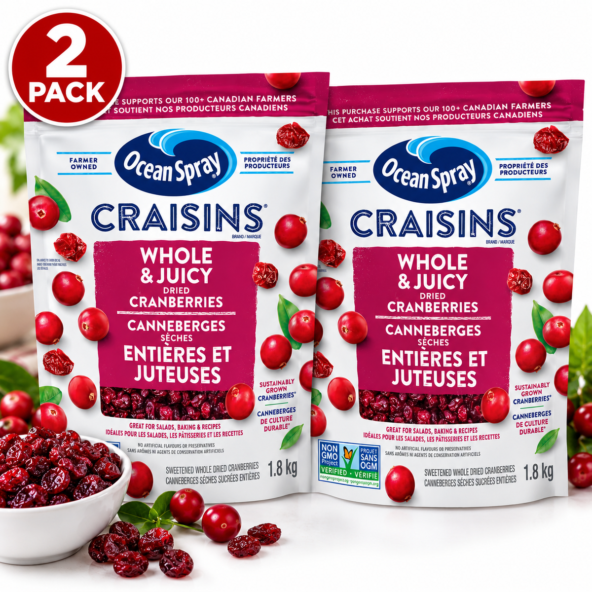 (2 Pack) Ocean Spray Craisins Whole & Juicy Sweetened Dried Cranberries, 1.8 kg (4 lb), Gluten-Free, High-Fibre Fruit Snack for Baking, Salads & Everyday Snacking (Copy)