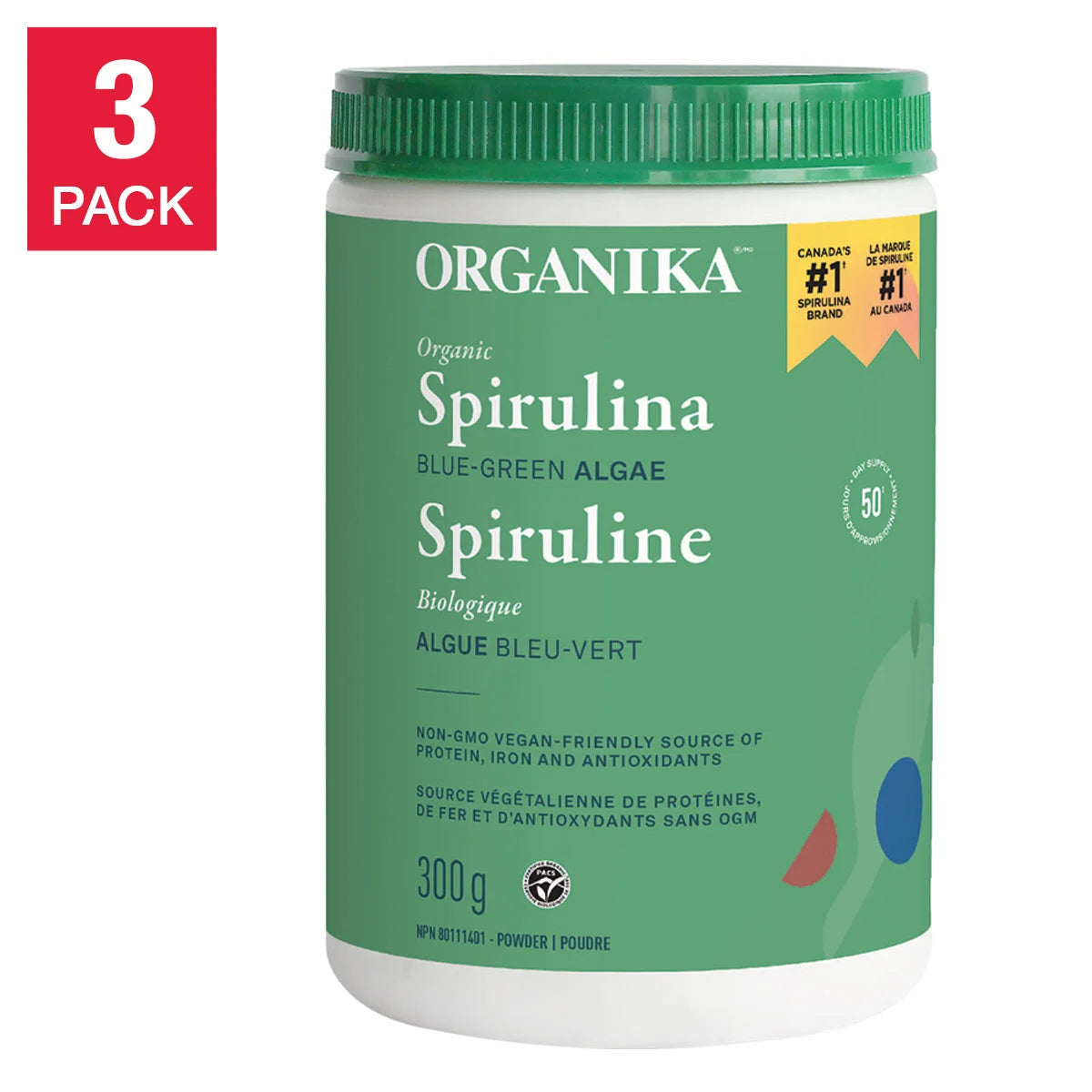 Organika Organic Spirulina Powder, 3 Bottles of 300 g