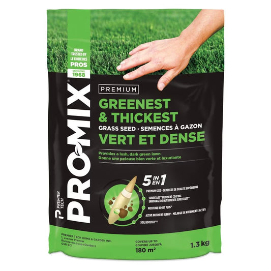 PRO-MIX Greenest & Thickest Grass Seed, 5-in-1 Lawn Mix, Fast Germination in 7 Days, 1.3 kg – Covers up to 180 m² for Lush, Dense Lawn Growth