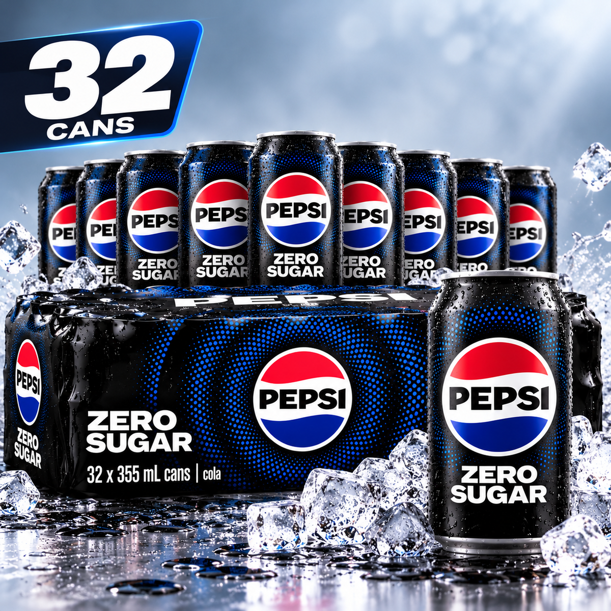 Pepsi Zero Sugar Cola Soft Drink, 32 Pack × 355 mL (12 fl oz) Cans, Zero Sugar Carbonated Soda, Refreshing Fizzy Cola Beverage for Parties, BBQs, Home, Office & Everyday Enjoyment