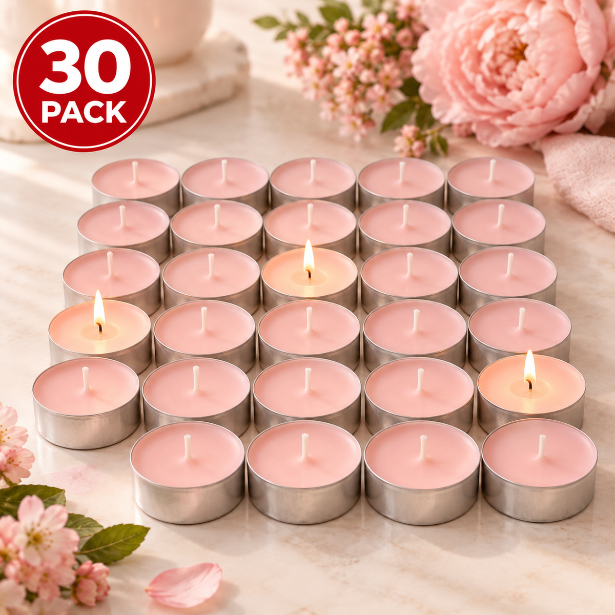 IKEA LOTSFÅGEL Pink Flowers Scented Tealight Candles, 30 Pack, Pale Pink Floral Fragrance Candles in Metal Cups, 3.5-Hour Burn Time Each, Decorative Candles for Bedroom, Living Room, Parties & Home Décor