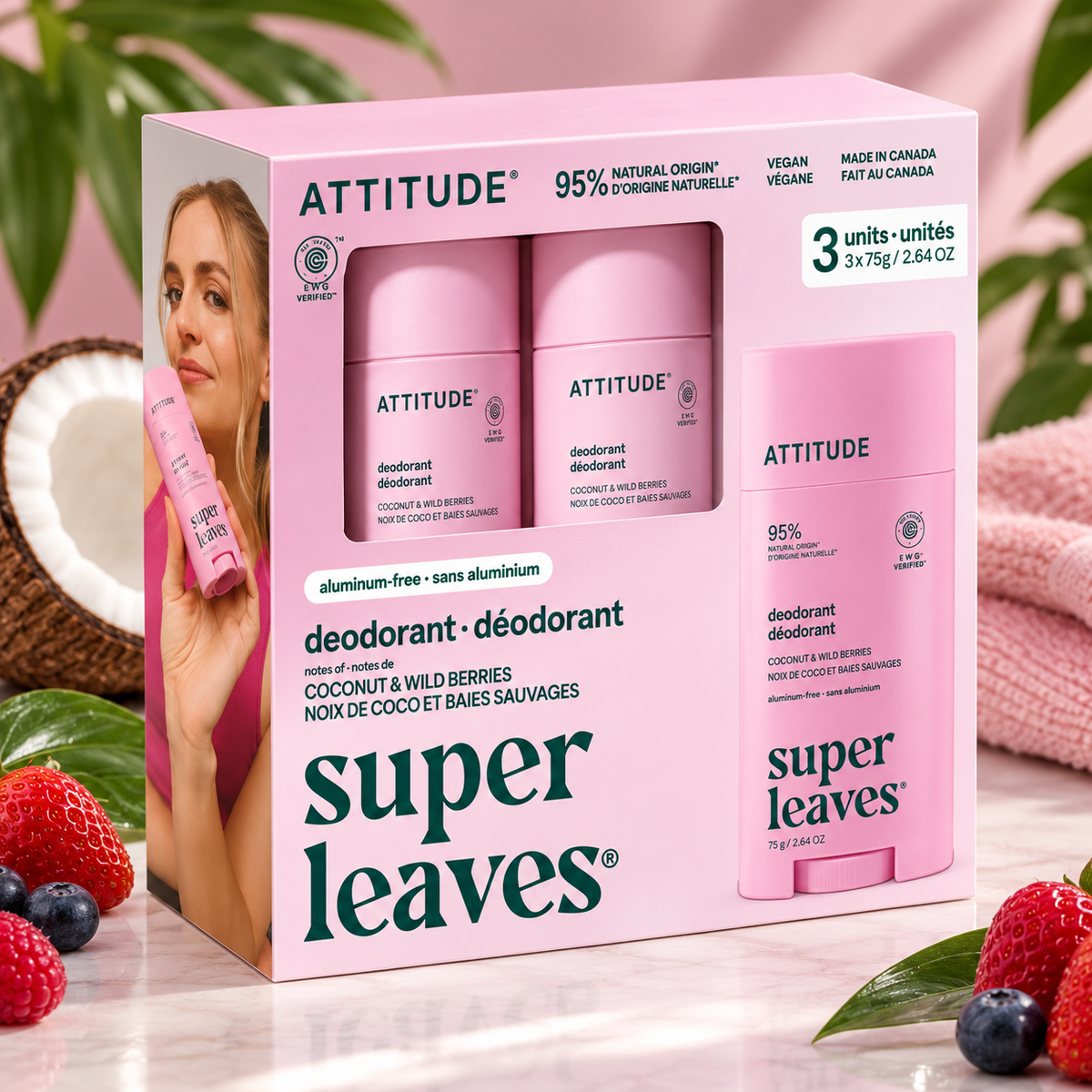 ATTITUDE Coconut & Wild Berries Deodorant, 75 g, 3 Pack