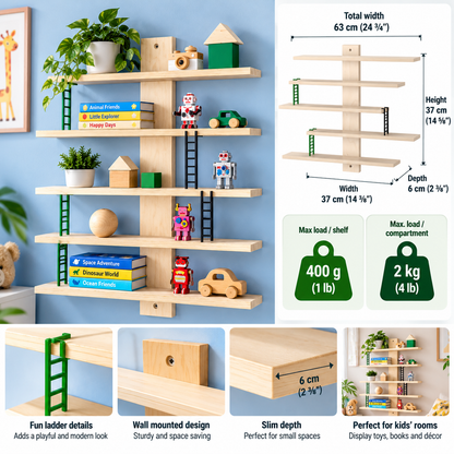 Wooden Wall Shelf with Adjustable Shelves & 3 Mini Ladders – Wall-Mounted Toy & Décor Display Organizer ( Decorative toys, plants, and accessories shown in images are not included )