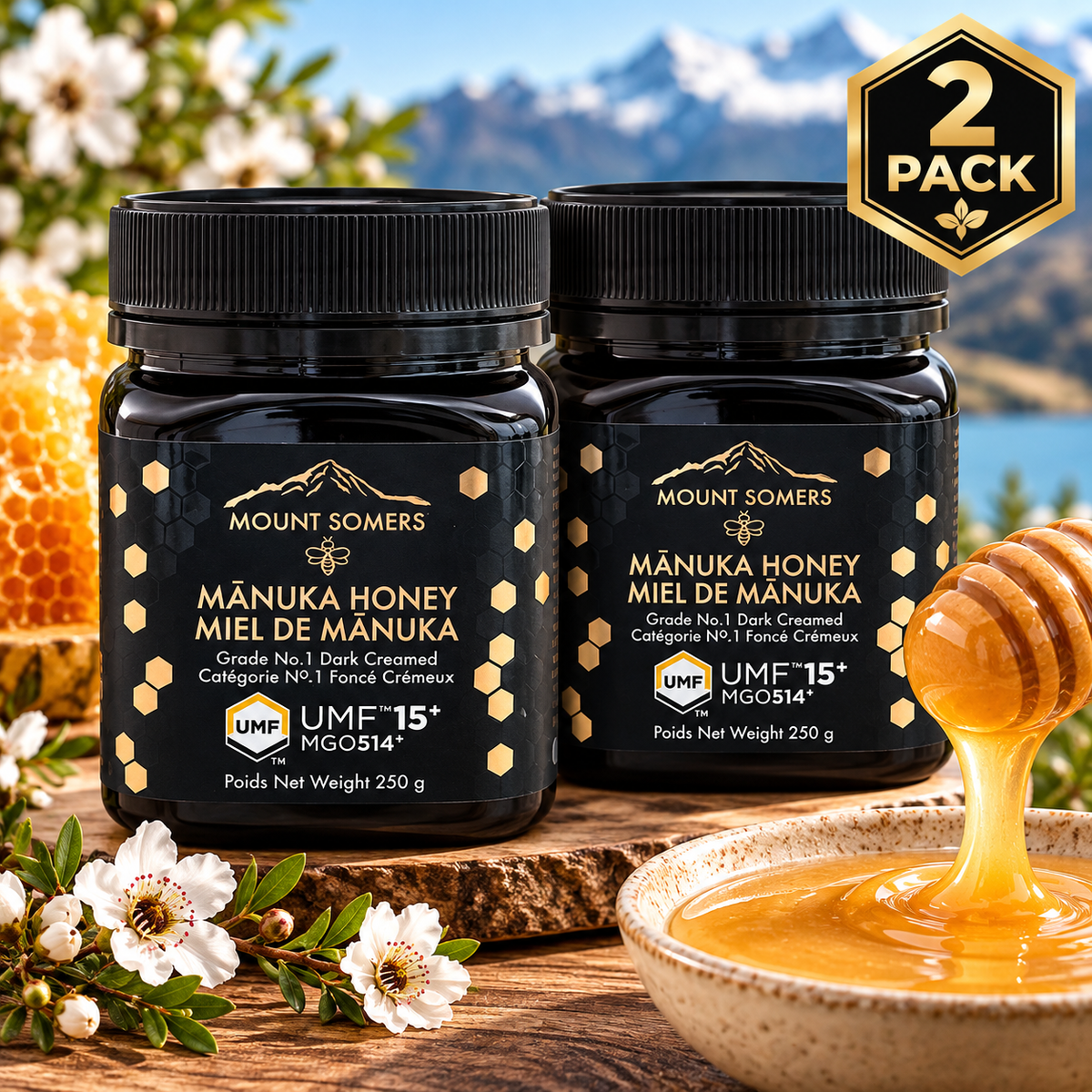 Mount Somers New Zealand Mānuka Honey UMF 15+ MGO 514+, 2-Pack × 250 g (500 g Total), Premium Raw Unpasteurized Monofloral Honey, Dark Amber Creamed Honey for Tea, Toast & Breakfast