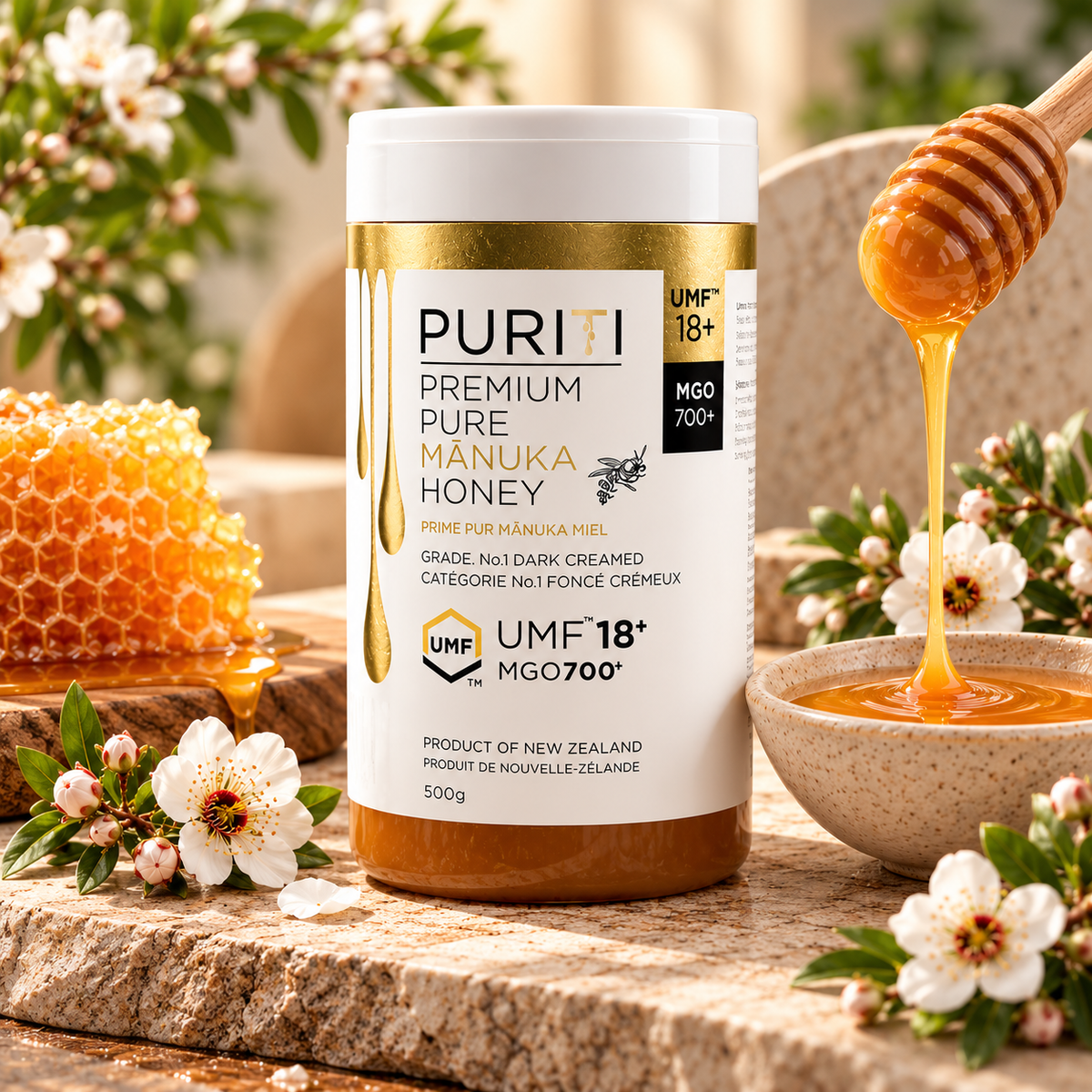 PURITI New Zealand Mānuka Honey UMF 18+ MGO 700+, 500 g (17.64 oz), Premium Raw Monofloral Honey, Unpasteurized, Dark Amber Creamed Honey, Natural Sweetener for Tea