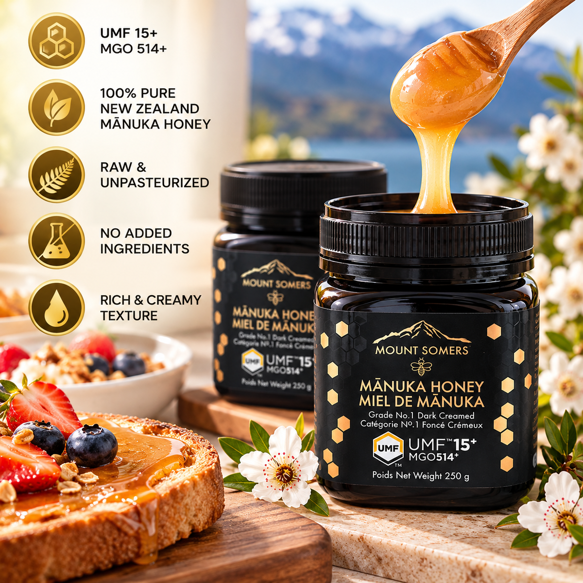 Mount Somers New Zealand Mānuka Honey UMF 15+ MGO 514+, 2-Pack × 250 g (500 g Total), Premium Raw Unpasteurized Monofloral Honey, Dark Amber Creamed Honey for Tea, Toast & Breakfast