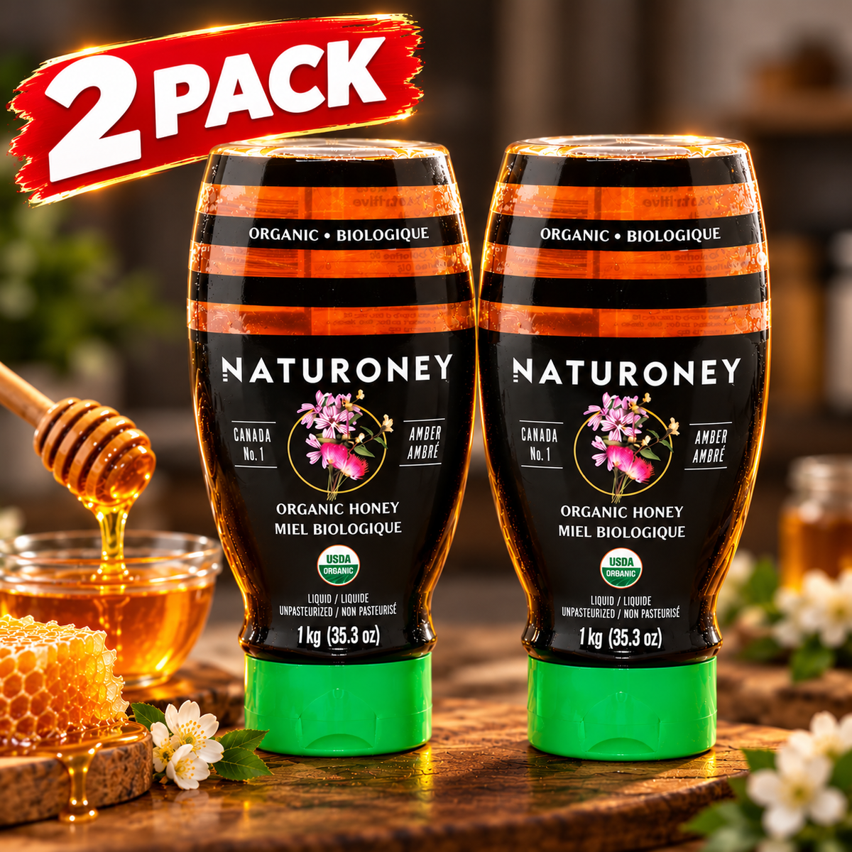 NaturoNey Organic Amber Honey 2-Pack, 1 kg Each (2 kg Total), Canada No. 1, Unpasteurized Pure Liquid Honey, Natural Sweetener for Tea, Baking & Breakfast
