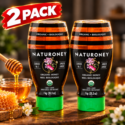 NaturoNey Organic Amber Honey 2-Pack, 1 kg Each (2 kg Total), Canada No. 1, Unpasteurized Pure Liquid Honey, Natural Sweetener for Tea, Baking & Breakfast