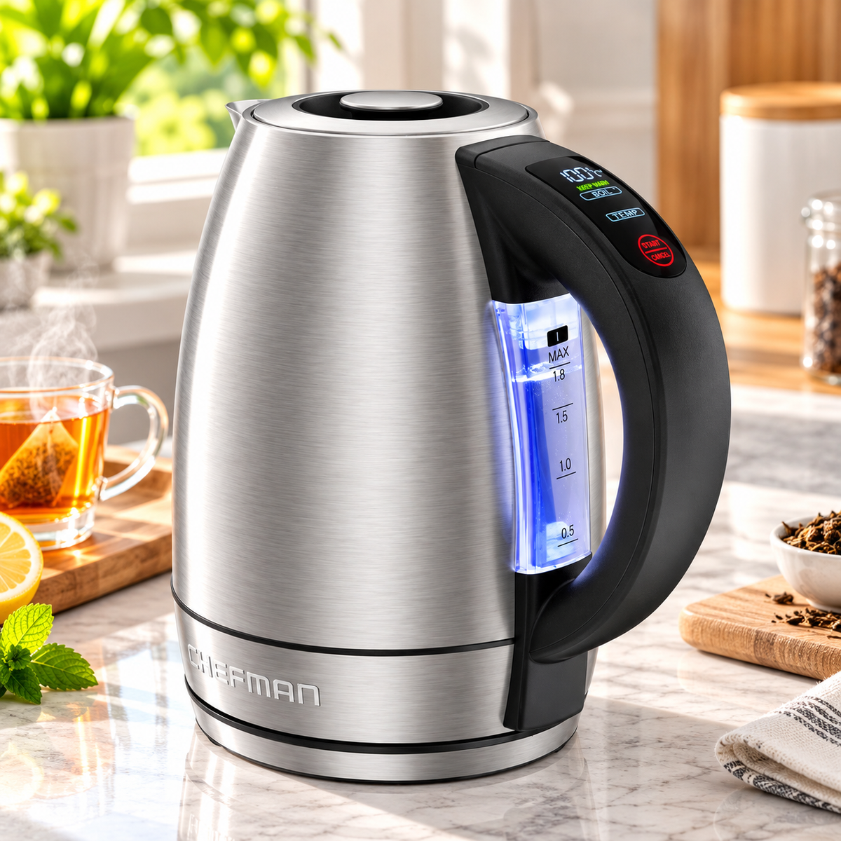 Chefman 1.8 L Digital Electric Kettle, 1500W Stainless Steel Hot Water Boiler with Adjustable Temperature Control, Fast Boiling, 1-Hour Keep Warm, LED Indicators, Automatic Shut-Off & 360° Swivel Base for Tea, Coffee & Kitchen
