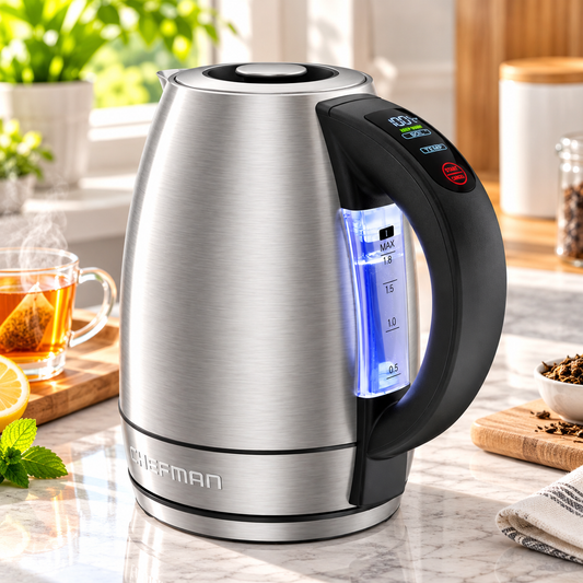 Chefman 1.8 L Digital Electric Kettle, 1500W Stainless Steel Hot Water Boiler with Adjustable Temperature Control, Fast Boiling, 1-Hour Keep Warm, LED Indicators, Automatic Shut-Off & 360° Swivel Base for Tea, Coffee & Kitchen