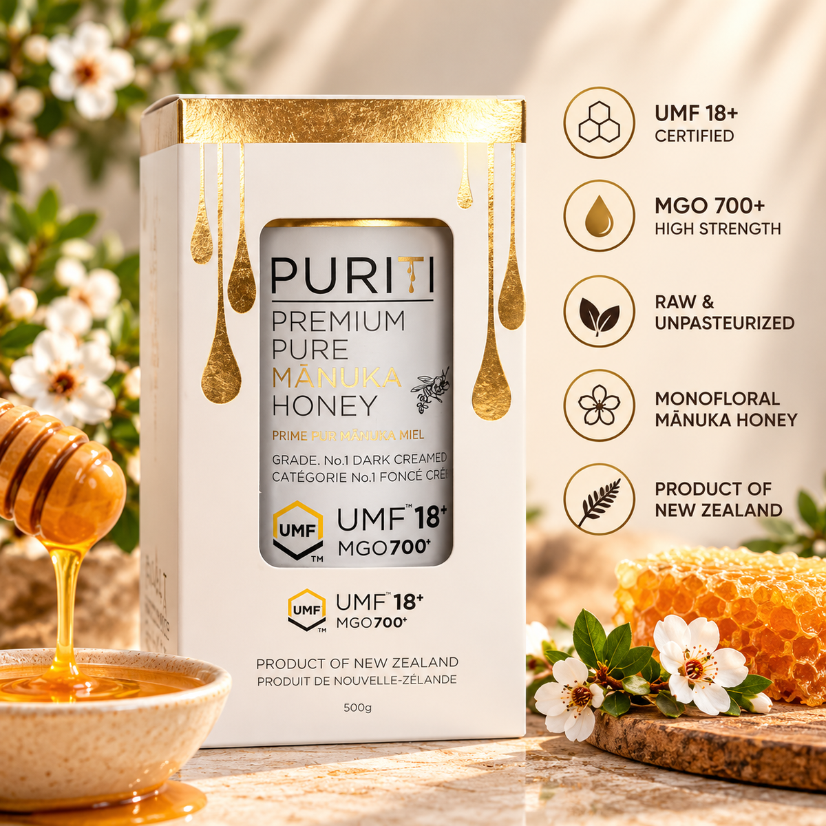 PURITI New Zealand Mānuka Honey UMF 18+ MGO 700+, 500 g (17.64 oz), Premium Raw Monofloral Honey, Unpasteurized, Dark Amber Creamed Honey, Natural Sweetener for Tea