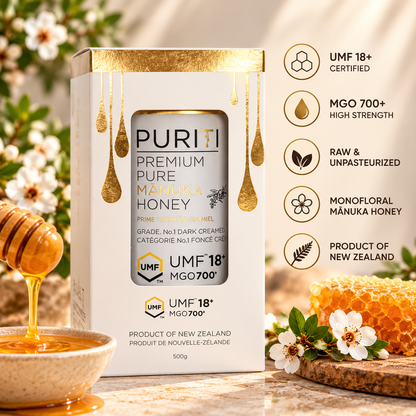 PURITI New Zealand Mānuka Honey UMF 18+ MGO 700+, 500 g (17.64 oz), Premium Raw Monofloral Honey, Unpasteurized, Dark Amber Creamed Honey, Natural Sweetener for Tea
