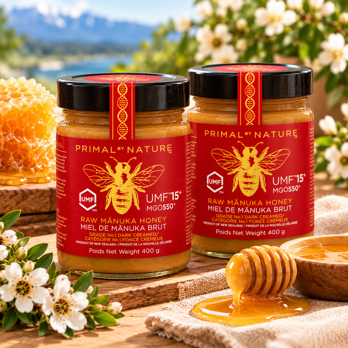 Primal By Nature New Zealand Mānuka Honey UMF 15+ MGO 550+, 2-Pack × 400 g (800 g Total), Premium Raw Unpasteurized Monofloral Honey, Smooth Creamy Natural Honey for Tea, Toast & Breakfast