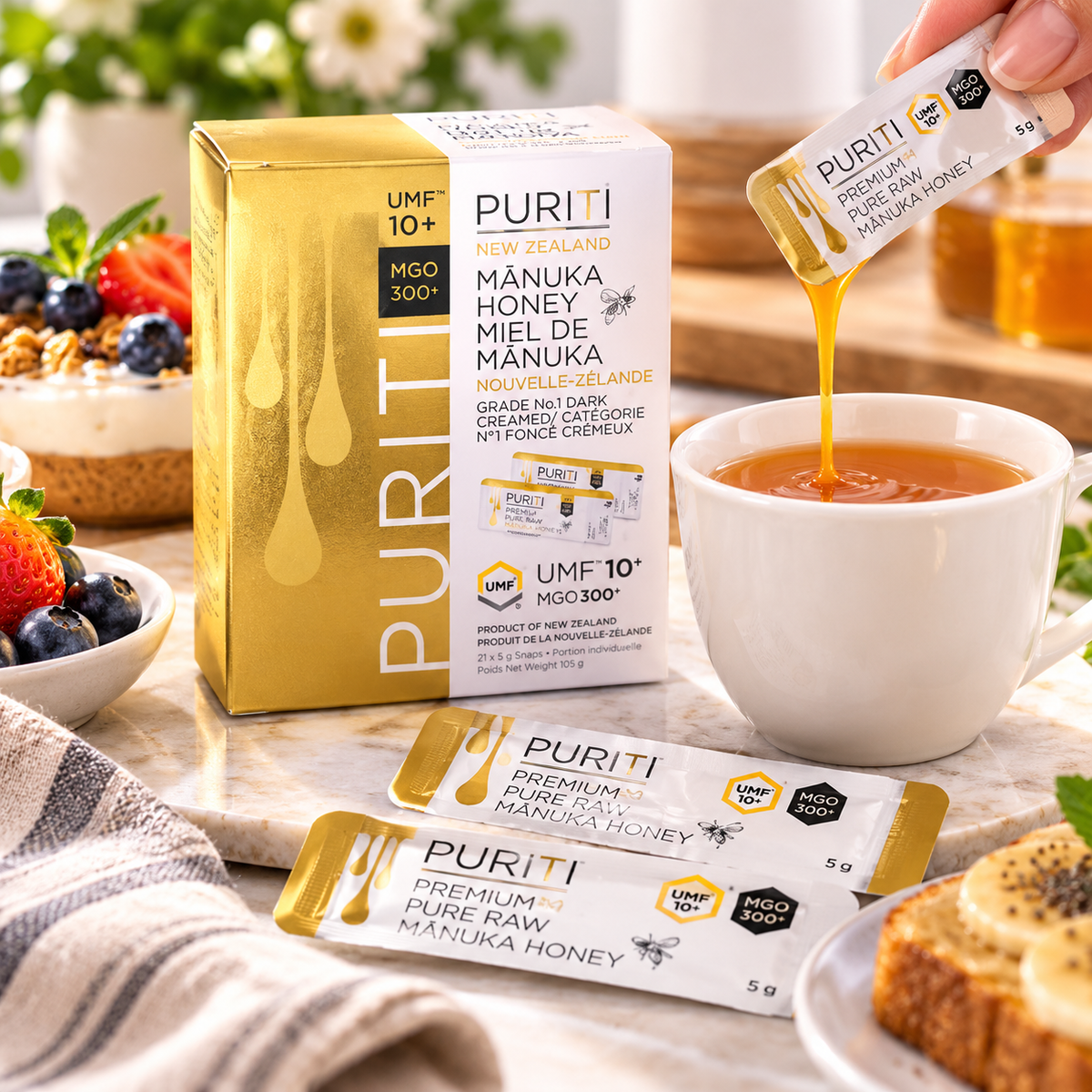 PURITI New Zealand Mānuka Honey UMF 10+ MGO 300+, 63 × 5 g (315 g Total), Premium Raw Monofloral Honey, Individual Single-Serve Snap Packs & Portable Natural Sweetener for Tea