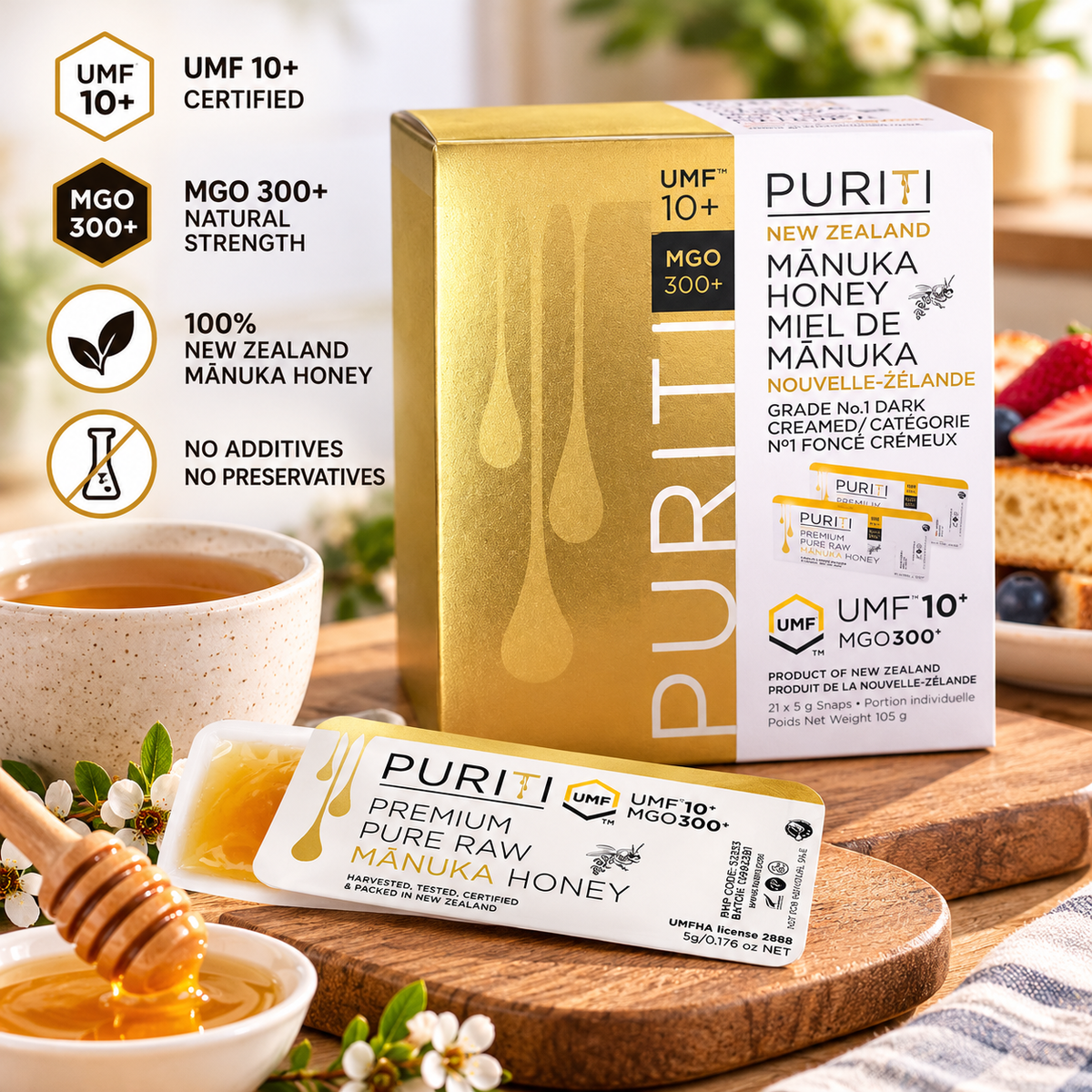 PURITI New Zealand Mānuka Honey UMF 10+ MGO 300+, 63 × 5 g (315 g Total), Premium Raw Monofloral Honey, Individual Single-Serve Snap Packs & Portable Natural Sweetener for Tea