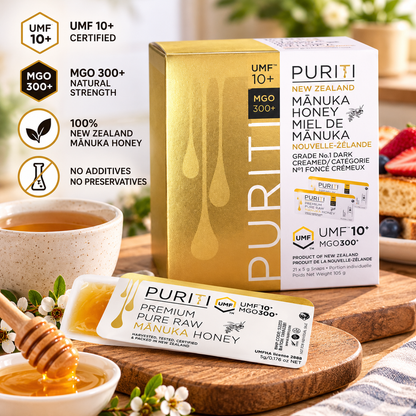 PURITI New Zealand Mānuka Honey UMF 10+ MGO 300+, 63 × 5 g (315 g Total), Premium Raw Monofloral Honey, Individual Single-Serve Snap Packs & Portable Natural Sweetener for Tea