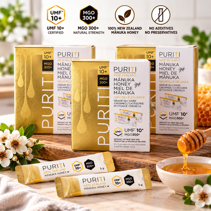 PURITI New Zealand Mānuka Honey UMF 10+ MGO 300+, 63 × 5 g (315 g Total), Premium Raw Monofloral Honey, Individual Single-Serve Snap Packs & Portable Natural Sweetener for Tea