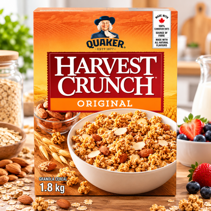 Quaker Harvest Crunch Original Granola Breakfast Cereal, 1.8 kg (3.97 lb), Crunchy Whole Grain Oat & Wheat Clusters with Almonds, Coconut, Honey & Brown Sugar, High Fibre Ready-to-Eat Family Size Cereal for Breakfast, Yogurt & Snacking