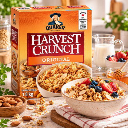Quaker Harvest Crunch Original Granola Breakfast Cereal, 1.8 kg (3.97 lb), Crunchy Whole Grain Oat & Wheat Clusters with Almonds, Coconut, Honey & Brown Sugar, High Fibre Ready-to-Eat Family Size Cereal for Breakfast, Yogurt & Snacking