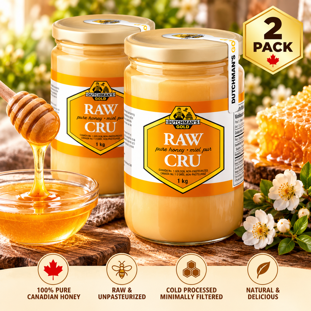 Dutchman's Gold 100% Pure Canadian Raw Honey, 2-Pack × 1 kg (2 kg Total), Unpasteurized Cold-Processed Honey, Smooth Creamy Spreadable Natural Honey for Toast, Tea, Baking & Cooking